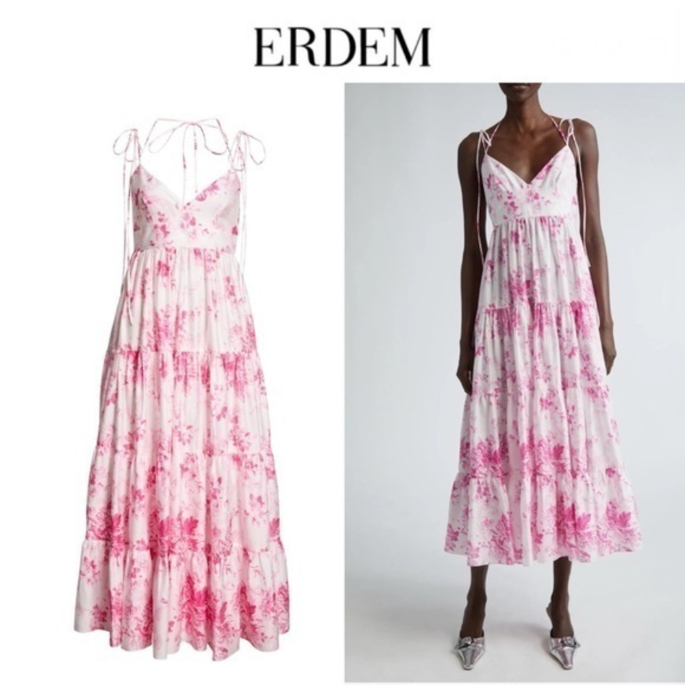 Erdem Floral Pink Print Strappy Tiered Midi Dress sz 0 NWT